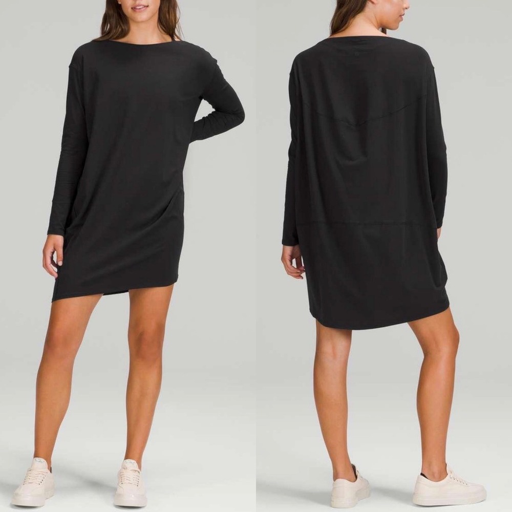 Lululemon Back In Action Long Sleeve Mini Dress 6 Black Pima Cotton Oversized
